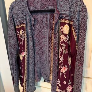 Johnny Was Burgundy and Gray Embroidered Cardigan